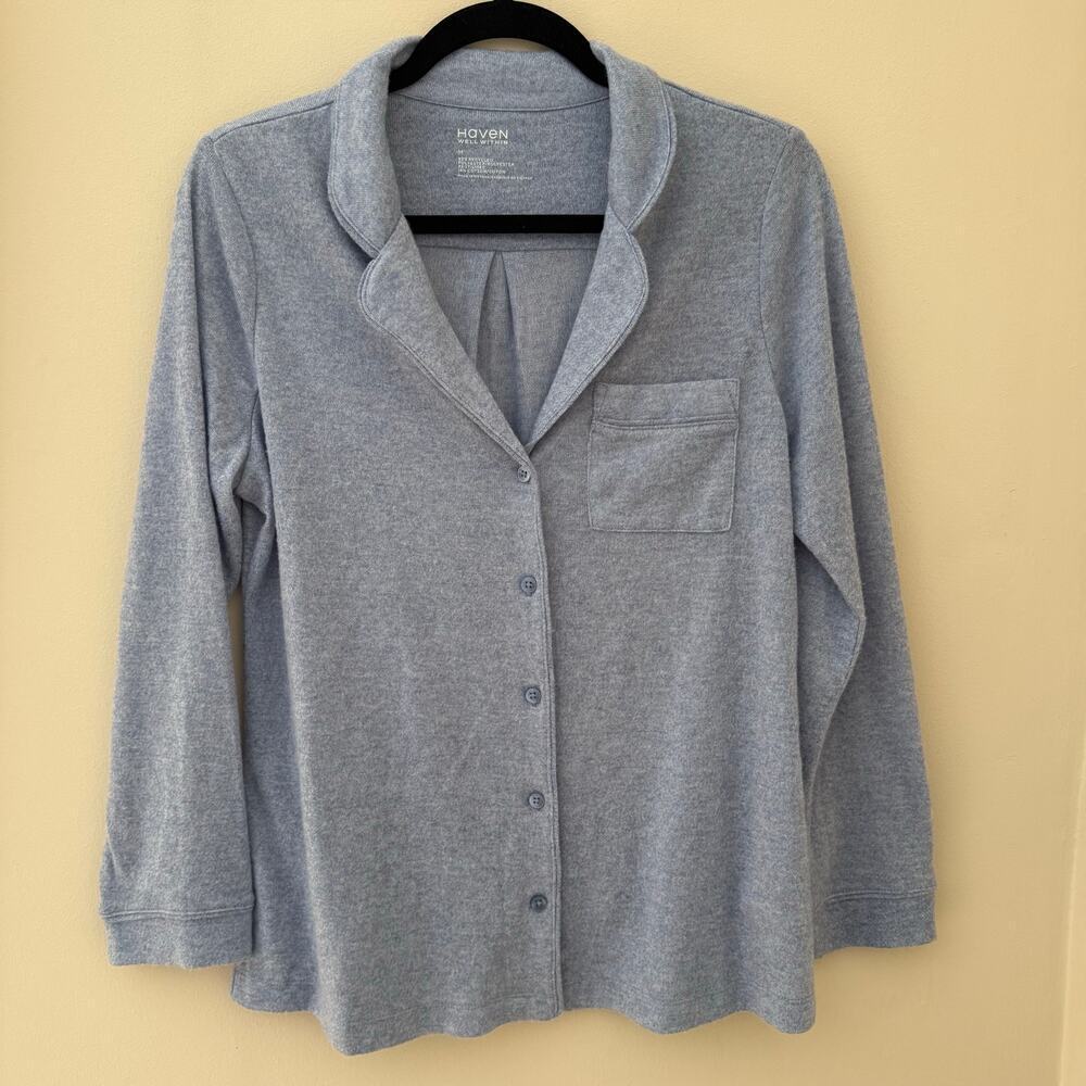 Haven Well Within Blue Marley Knit Button Down Pajama Shirt Size M lounge soft